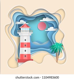  Paper art carving with Woman floating on the ocean with beautiful beach background .candy color vector style.