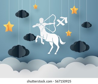 Paper art of centaur archery to Sagittarius of zodiac and horoscope concept, vector art and illustration.