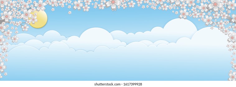 Paper art cherry blossom bordes on blue sky with clouds in blue pastel. Vector illustration skyline for banner for spring or summer background