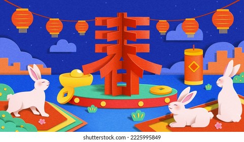 Paper art Chinese new year greeting card. Creative paper cut design spring character on display stage outdoor with new year decorations and cute bunnies around. Text: Spring.