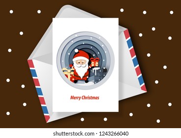Paper Art of Christmas Card , Santa Claus and gift box on the roof, chimney in night time background vector