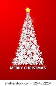 Paper Art of Christmas Card with Snowflake in Christmas Tree Vector