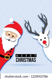 paper art of Christmas Festival Card with Santa Claus and Christmas tree on Snow Background in Glass Bottle and Abstract Design vector
