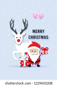 paper art of Christmas Festival Card with Santa Claus and white reindeer on Snow Background and Abstract Design vector