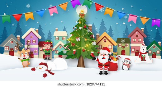 Paper art of Christmas party with Santa Claus and friends in snow town, Merry Christmas and Happy New Year