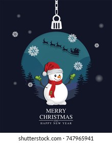 paper art Christmas postcard with Winter Forest,Snowman with red hat and red scarf in front of snow field background. Vector of snow flake and colorful ball for christmas holiday, illustration design.