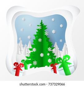 Paper art. Christmas tree with colorful gifts. Elements design for holidays cards. Vector illustration. EPS 10.