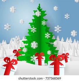 Paper art. Christmas tree with colorful gifts. Paper snow flake with beautiful trees. Elements design for holidays cards. Vector illustration. EPS 10. 