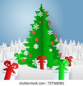 Paper art. Christmas tree with colorful gifts. Paper snow flake with beautiful trees. Elements design for holidays cards. Vector illustration. EPS 10. 