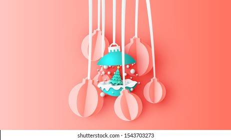 Paper Art Of Christmas Tree And Snow Fall Decorate Inside Green Christmas Ball. Christmas Ball Design. Merry Xmas And Happy New Year. Paper Cut And Craft Style. Vector, Illustration.