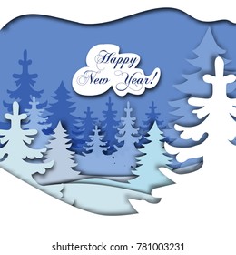 Paper art christmas winter snow merry xmas happy holiday season vector illustration landscape tree card greeting cut craft nature sky village decoration
