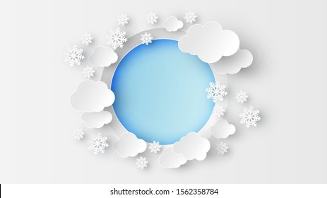 Paper art of circle frame for the winter decorated with snowflakes, clouds and place text space. paper cut and craft style. vector, illustration.