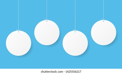 Paper art with circle shape on blue sky. Speech Bubble with white and grey hanging. mock up empty. 