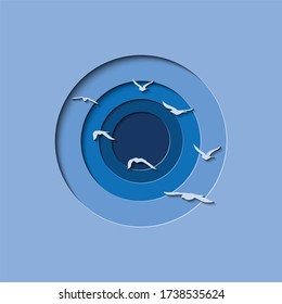 Arte de papel de cielos circundantes y silueta de pájaros voladores , arte vectorial e ilustración. plantilla para tarjeta, afiche.