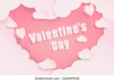 Paper art of cloud and hearts hang on sky, origami and valentine's day concept, vector art and illustration, digital craft style.