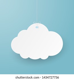 Paper art with cloud on blue sky. Copy space. Speech Bubble, White blank hanging.	