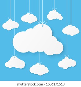 Paper art with cloud on blue sky background. Speech Bubble with white blank hanging. vector illustration