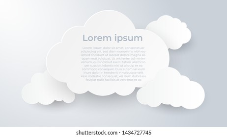 Paper art with cloud on white and grey background. Copy space. Speech Bubble, White blank hanging.	