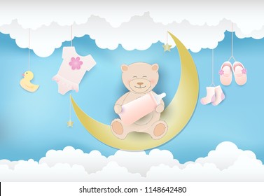 Paper art of cloud with toy shower and teddy bear sitting on the moon, sky background paper cut style, baby girl card illustration
