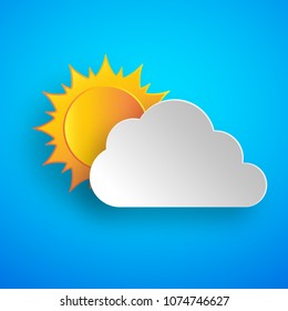 Paper art of cloud and yellow sun on blue background. Vector illustration. Abstract background with cloud