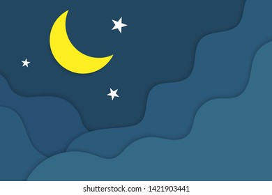Paper art clouds, moon and stars in midnight. Night sky. Paper cut style vector. Vector illustration.