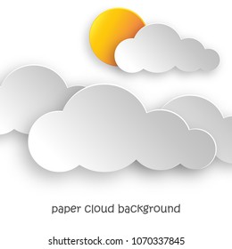 Paper art of clouds and yellow sun on white background. Vector illustration. Abstract background with cloud