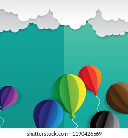 Paper art of colorful ballons flying to the sky. Origami vector illustration.