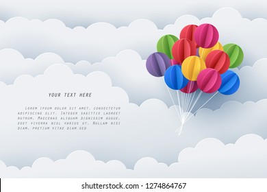 Paper art of colorful balloon fly along a white cloud with copy space for text, vector art and illustration.