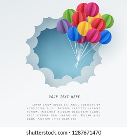 Paper art of colorful balloon fly through a white cloud with copy space for text, vector art and illustration.