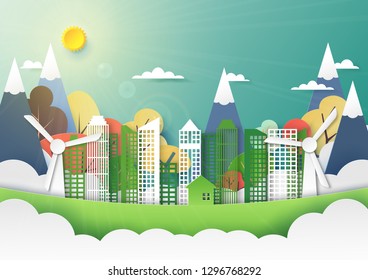 Paper art of Colorful nature landscape and green city background template.Ecology and environment conservation creative idea concept.Vector illustration.