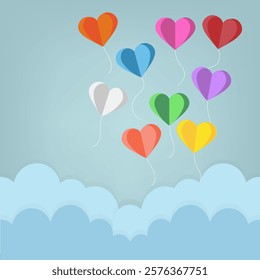 Paper art of colors balloon heart on blue sky background,vector