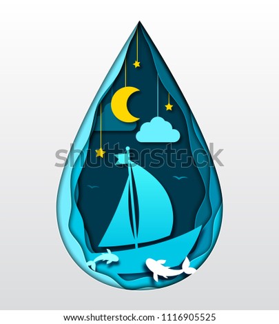 Paper art concept, 3d craft origami. Underwater scene, night landscape. Seascape with moon, sea waves, fish and boat. Silhouette of two dolphins and ship on sea background. Summer vacation, fishing