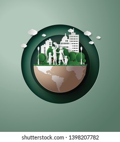 paper art concept of eco friendly , save the earth and world environment day with family