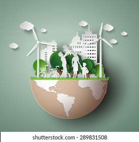  paper art concept of eco friendly , save the earth and world environment day with family