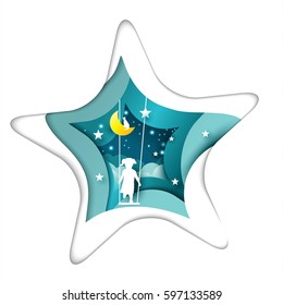 paper art concept and good night card with cute girl sitting.vector illustration