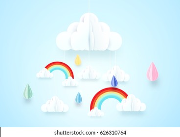 Paper art concept. Rainy and cloud with rainbow on soft blue background