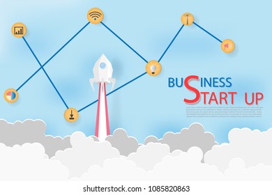 Paper art concept of Rocket over sky blue,Start up business competition and icon business,Paper art idea and origami.