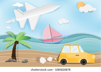 Paper art concept of start up business competition,Difference in business investment,Car on the road and a boat on the sea with a sky plane,Paper art idea and origami.