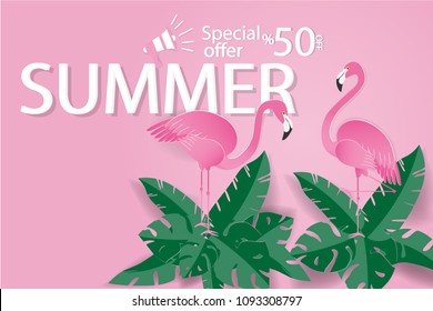 Paper art of Concept summer sale and pink flamingo and banner tropical green leaf background.Paper art idea and digital craft.
