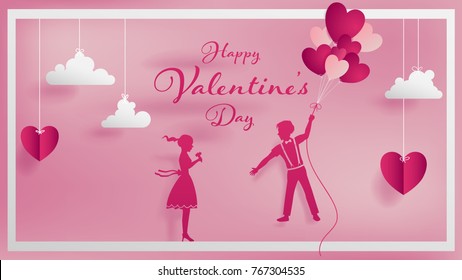 Paper art concept of Valentine contain text Happy Valentine's Day,boy try to take girl hand in to his balloon hearts as his loving mind,soft pink background,paper cloud and heart style, and border.