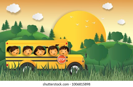 paper art concept of welcome back to school!  School bus with cute kids and early morning.The cheerfully of the children to enter the higher education. vector paper art style.