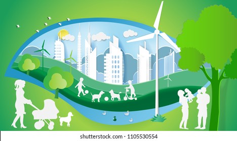 Paper art of concept world environment day and eco city with happy family,Paper art idea and digital craft.

