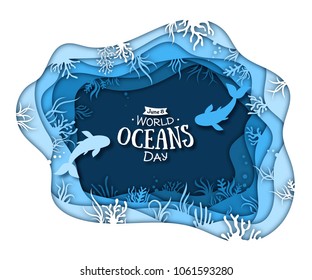 Paper art concept of World Oceans Day. The celebration dedicated to help protect, and conserve world oceans, water, ecosystem. Blue 3d origami craft paper of sea waves, fish and plants