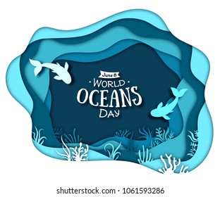 Paper art concept of World Oceans Day. The celebration dedicated to help protect, and conserve world oceans, water, ecosystem. Blue 3d origami craft paper of sea waves, fish and plants