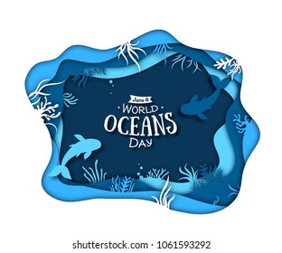 Paper art concept of World Oceans Day. The celebration dedicated to help protect, and conserve world oceans, water, ecosystem. Blue 3d origami craft paper of sea waves, fish and plants