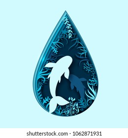 Paper art concept of World Oceans Day. Celebration dedicated to help protect, conserve world oceans. Blue 3d origami craft paper of water drop, fish, plants. Creative marine summer poster, sea life