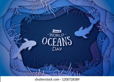 Paper art concept of World Oceans Day. The celebration dedicated to help protect, and conserve world oceans, water, ecosystem. Blue 3d origami craft paper of sea waves, fish and plants