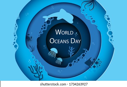 Paper art concept of World Oceans Day. A holiday dedicated to the protection and preservation of the oceans, water, ecosystems. Blue 3d origami kraft paper of sea waves, fish and plants.Vector 