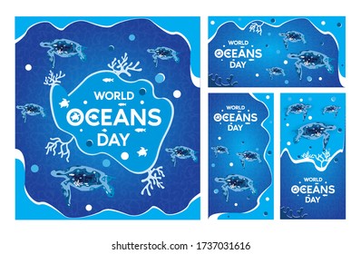Paper art concept of World Oceans Day. The celebration dedicated to help protect, and conserve world oceans, water, ecosystem. Fish and plants. Vector illustration.