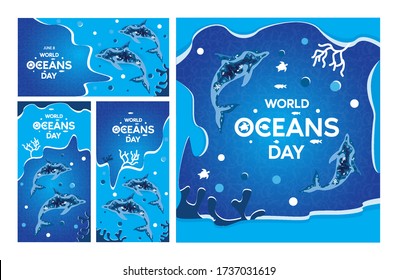 Paper art concept of World Oceans Day. The celebration dedicated to help protect, and conserve world oceans, water, ecosystem. Fish and plants. Vector illustration.